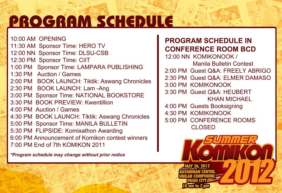 Summer Komikon 2012 Schedule of Activities